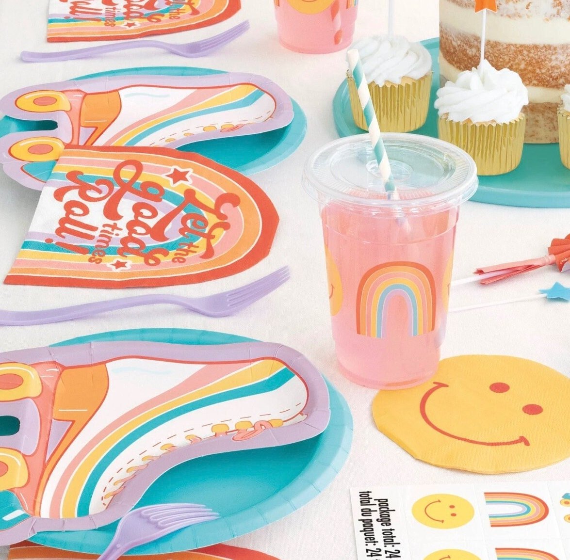 Retro Rainbow Plastic Cups & Straws - Stesha Party