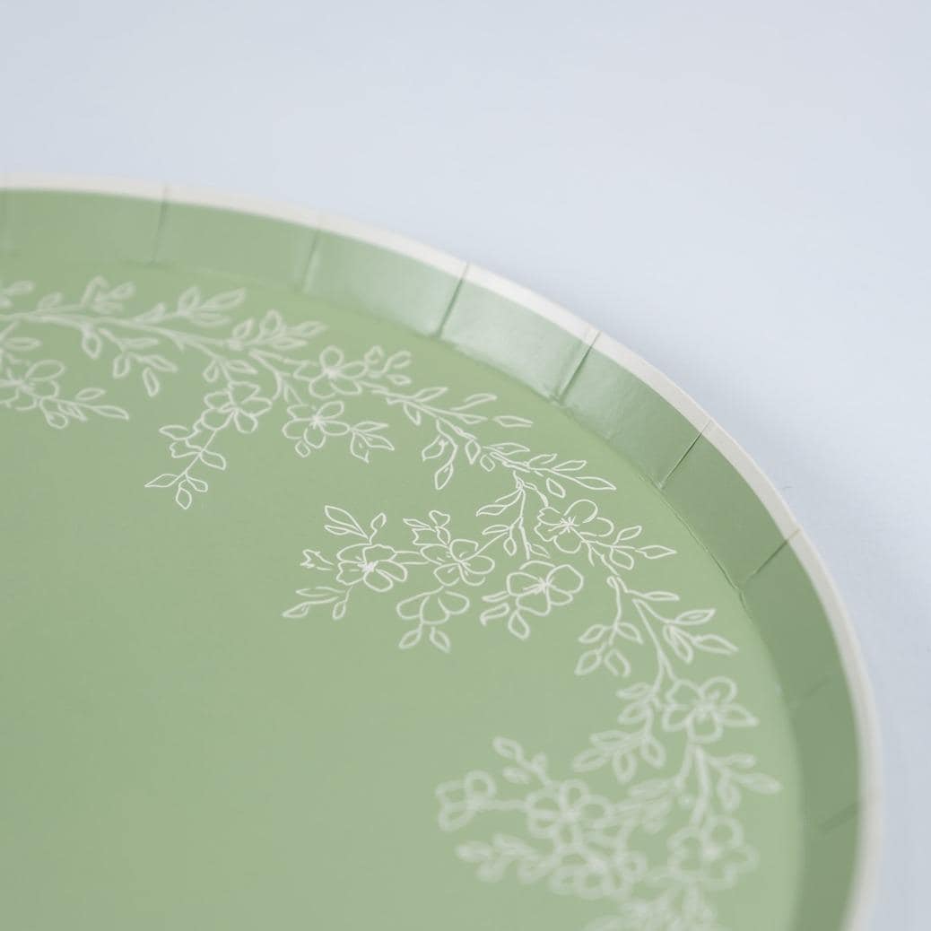 Sage Green Floral Plates 8ct - Stesha Party