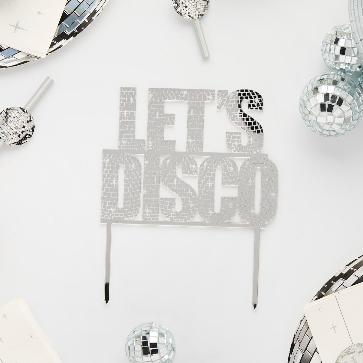 Silver 'Let's Disco' Acrylic Cake Topper 6.5" x 5.25" - Stesha Party