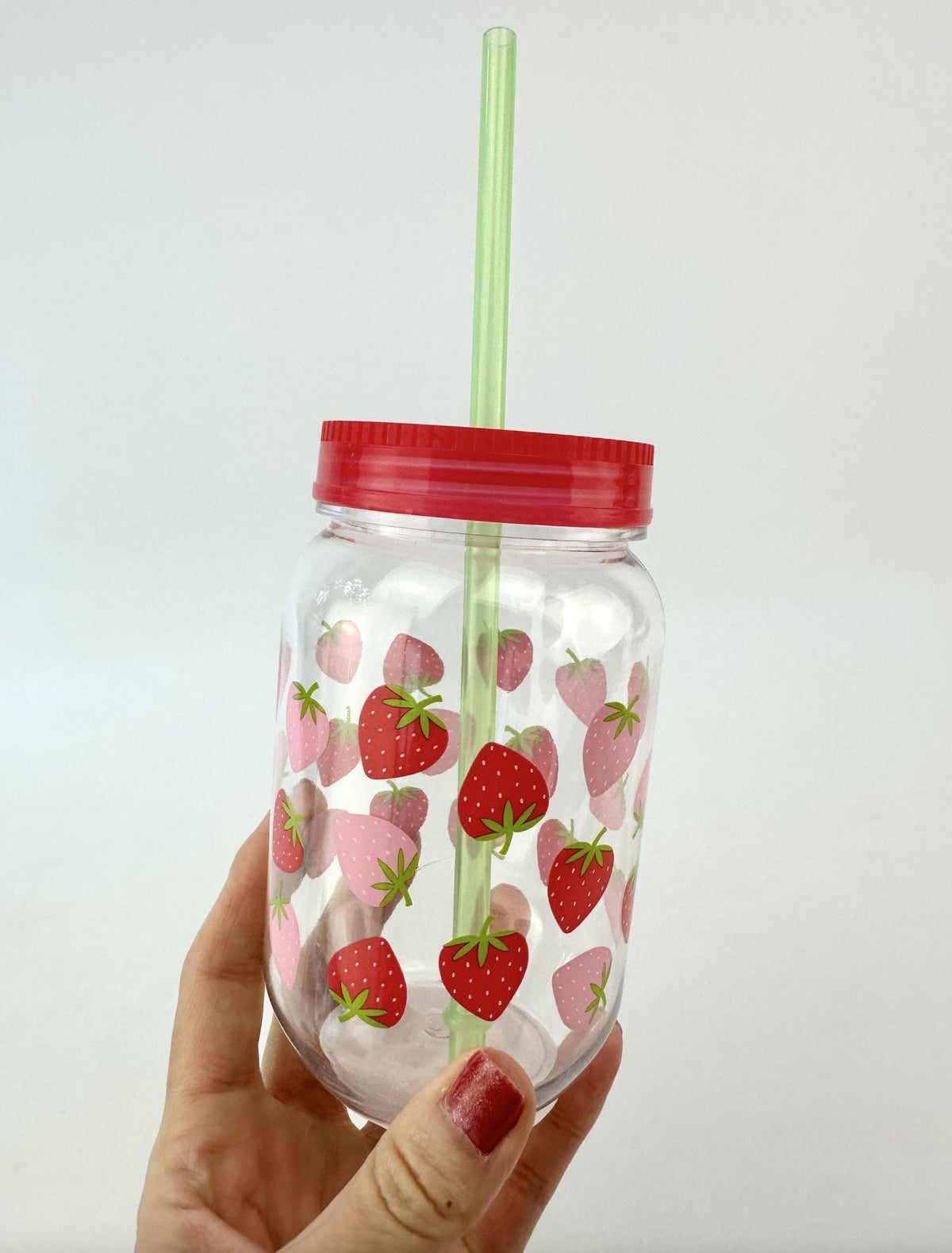 Strawberry Plastic Mason Jar Cup & Straw - Stesha Party