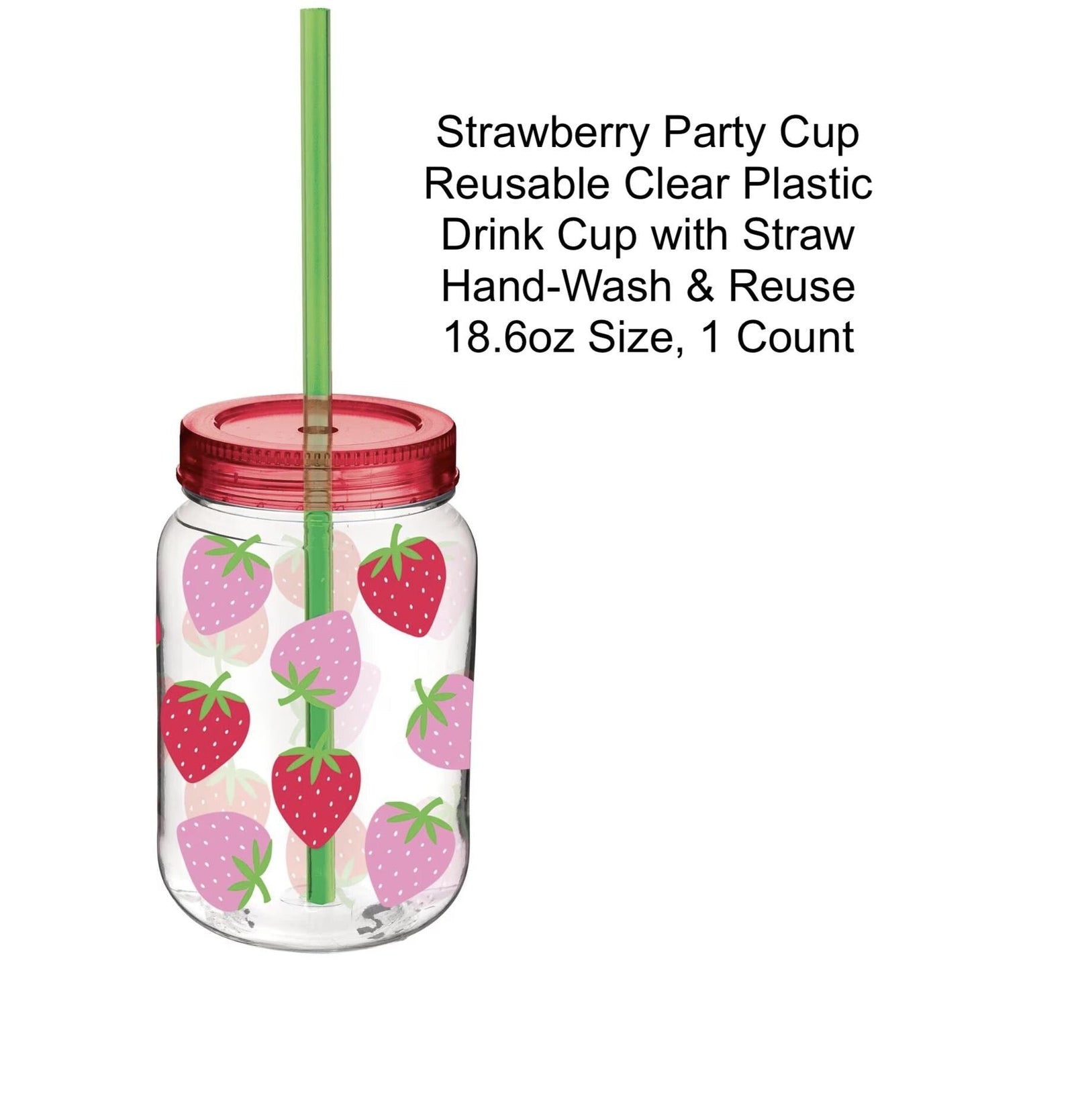 Strawberry Plastic Mason Jar Cup & Straw - Stesha Party