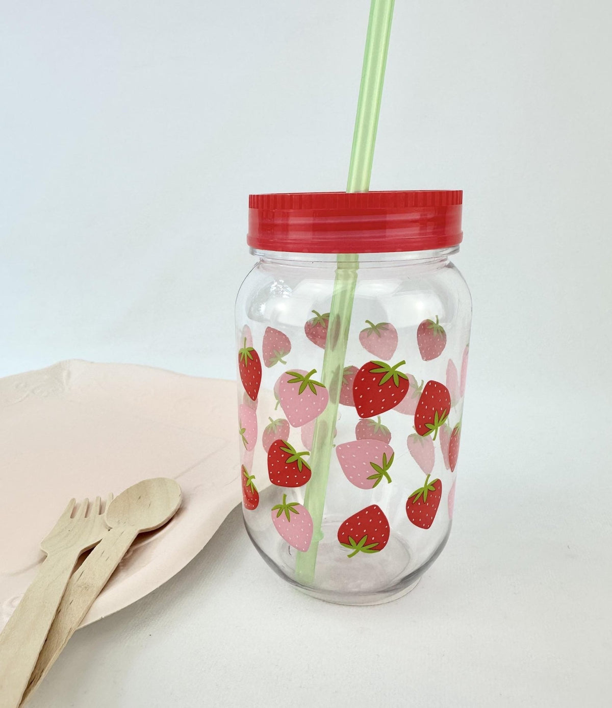 Strawberry Plastic Mason Jar Cup & Straw - Stesha Party