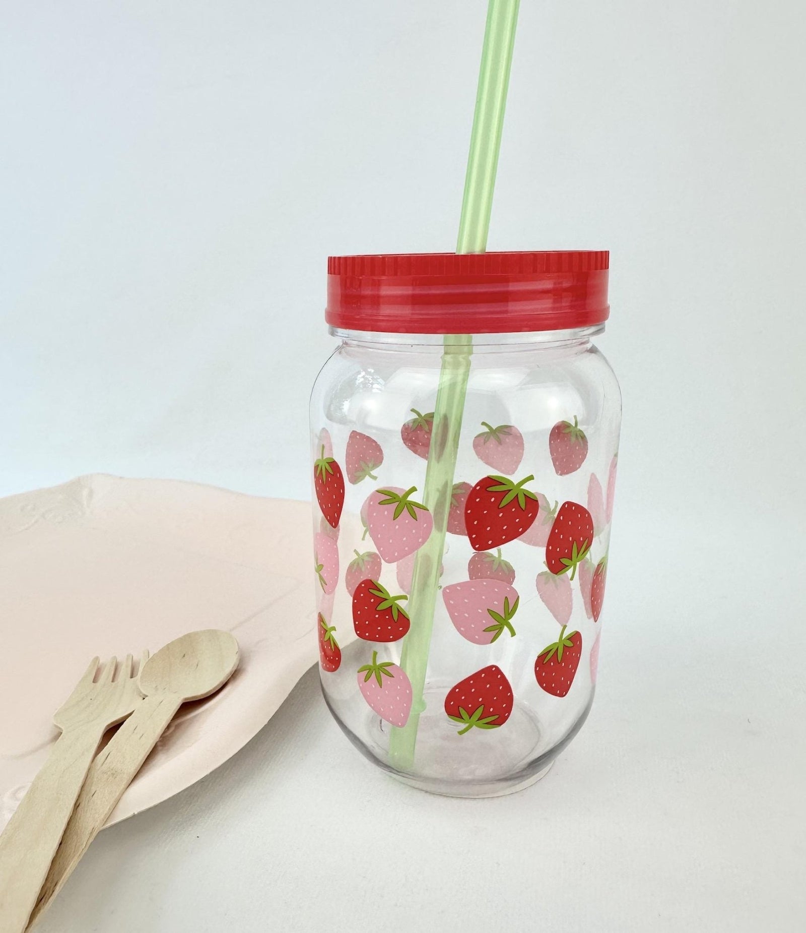 Strawberry Plastic Mason Jar Cup & Straw - Stesha Party