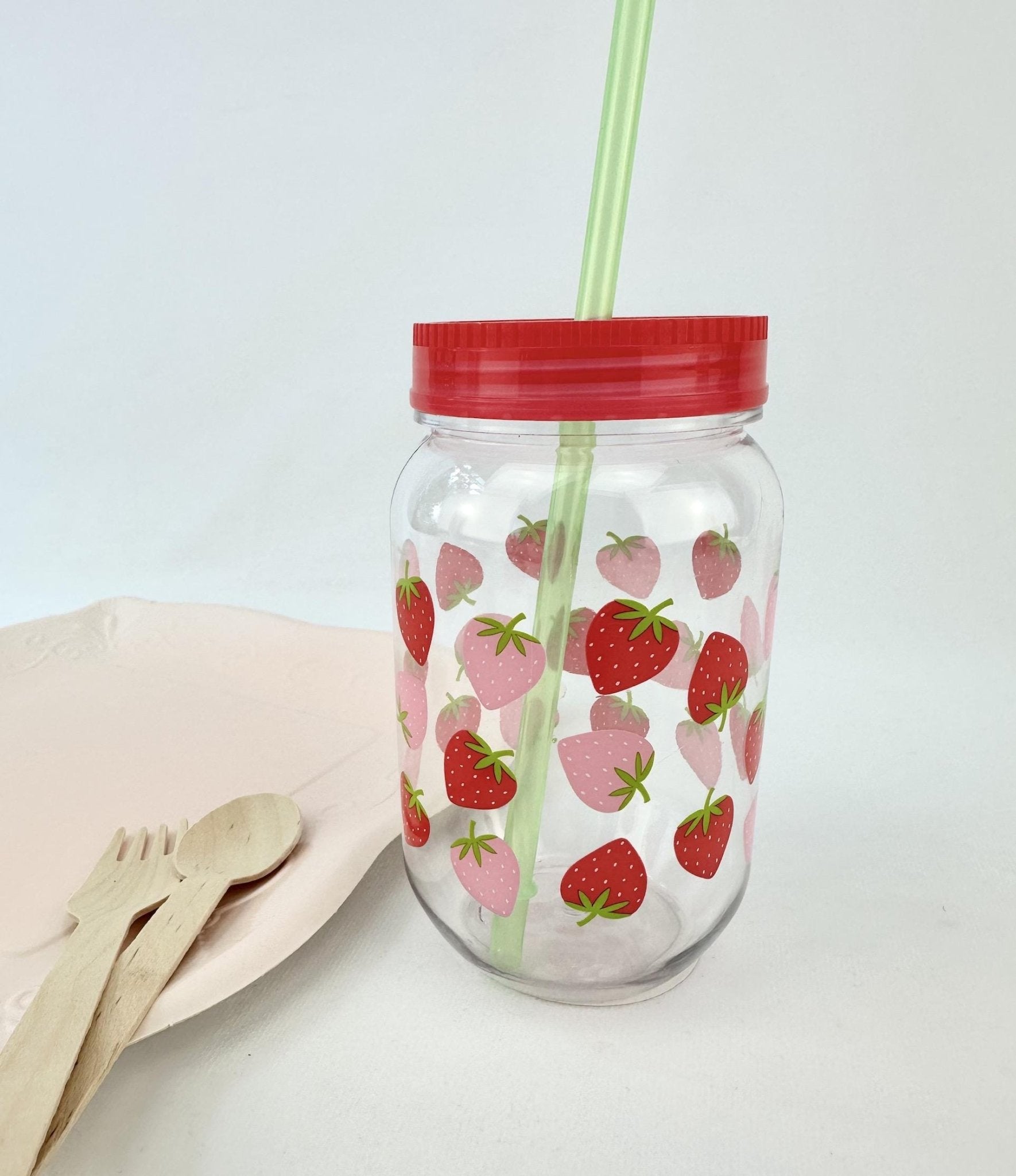 Strawberry Plastic Mason Jar Cup & Straw - Stesha Party