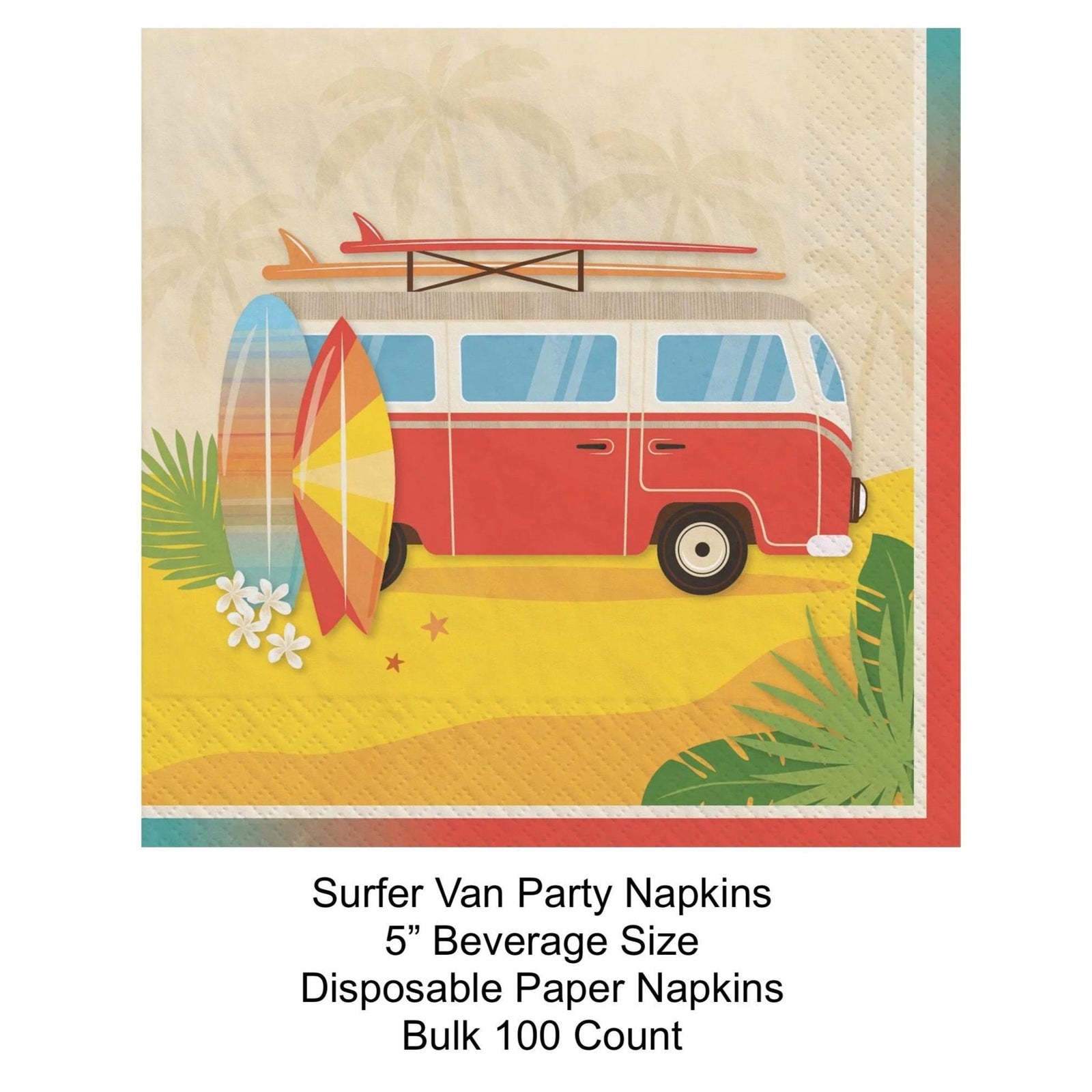 Surfer Van Beach Party Napkins 100ct - Surfs Up Birthday Party Supplies, Beach Birthday Napkins, Poolside Party, Paper Beverage Napkins - Stesha Party