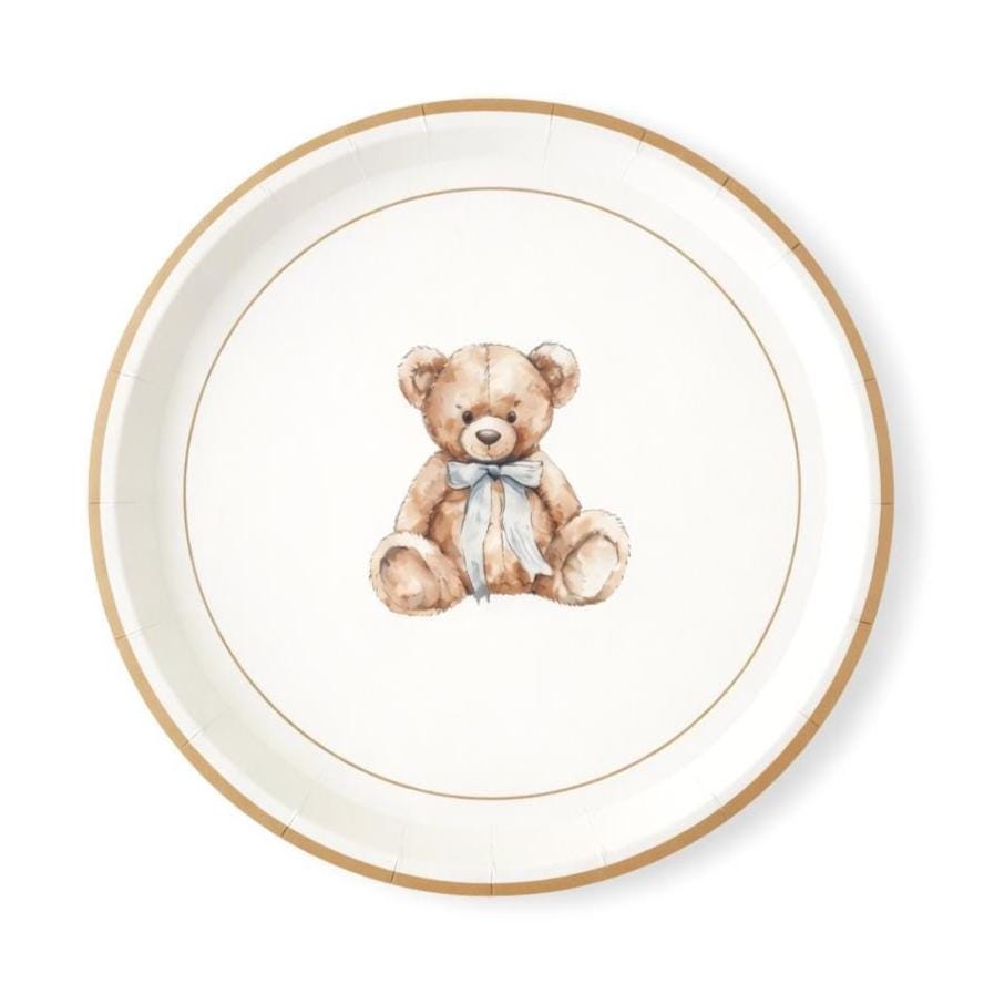 Teddy Bear Blue Bow Plates 12ct - Stesha Party