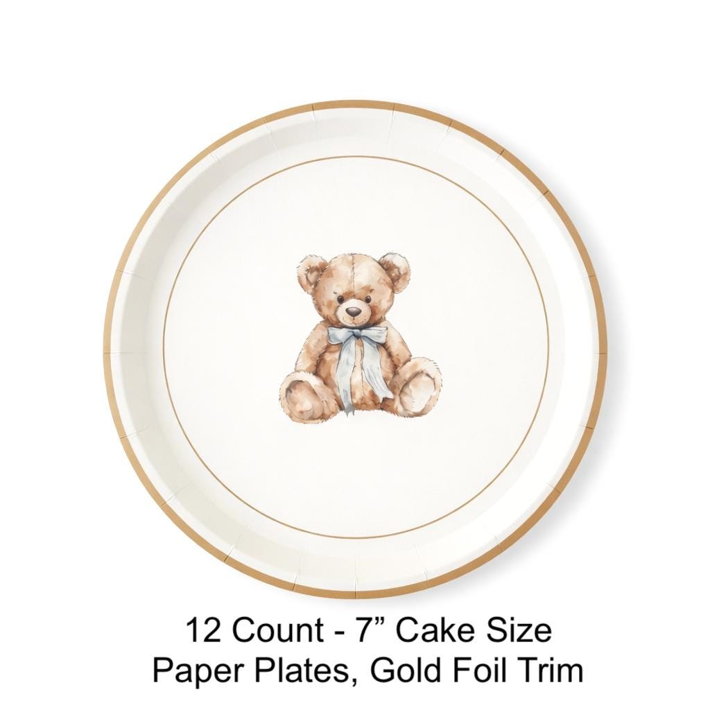 Teddy Bear Blue Bow Plates 12ct - Stesha Party