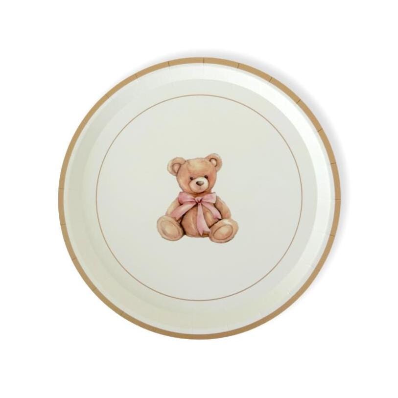 Teddy Bear Pink Bow Plates 12ct - Stesha Party