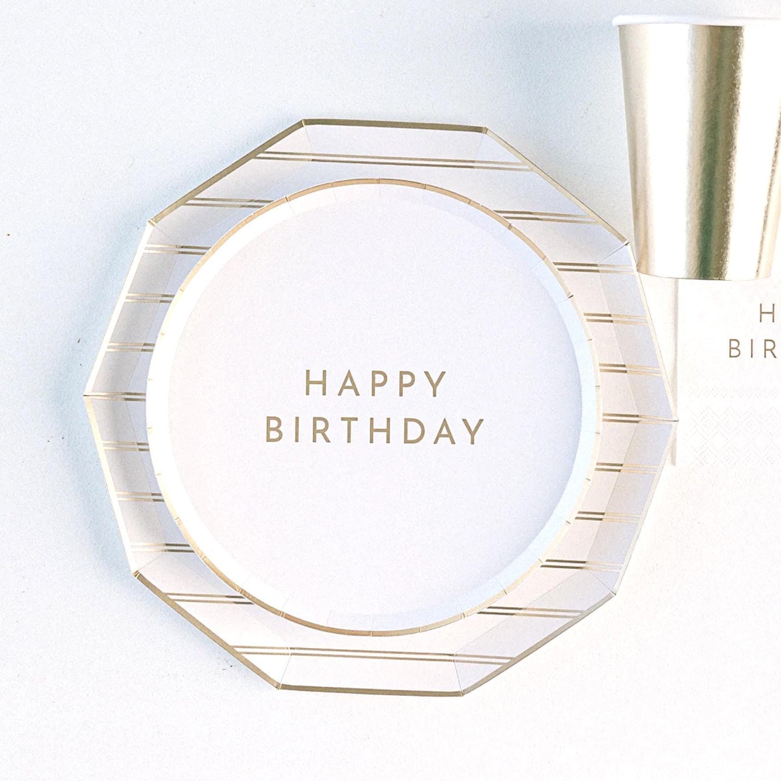White & Gold Birthday Paper Dessert Plates 8ct - Stesha Party