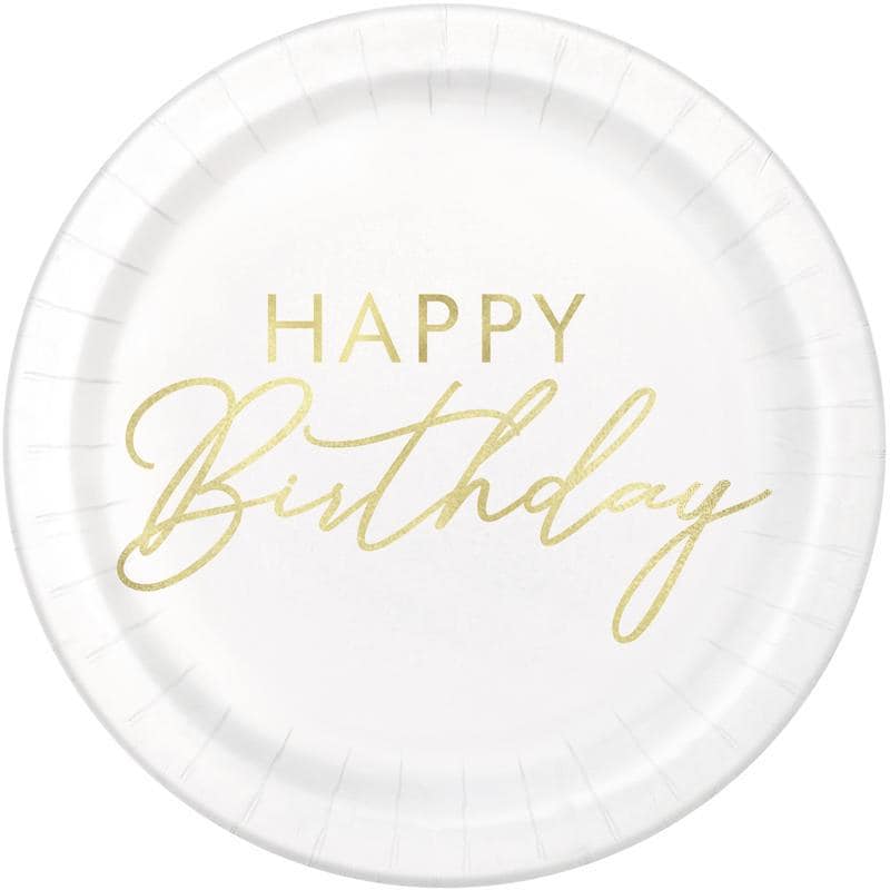 White Gold Foil Happy Birthday Plates 8ct - Stesha Party
