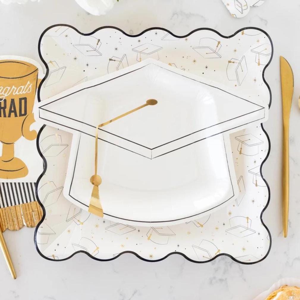 White Graduation Cap Shaped Plates 8ct - Stesha Party