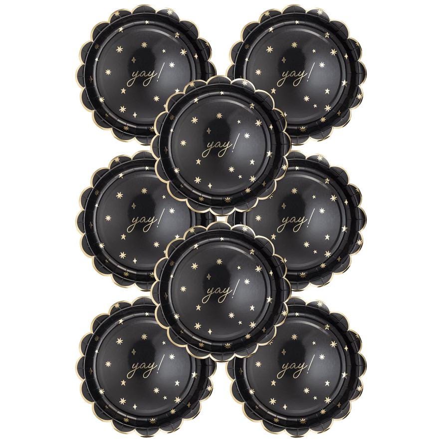 "Yay!" Black & Gold Paper Dinner Plates 8ct - Stesha Party