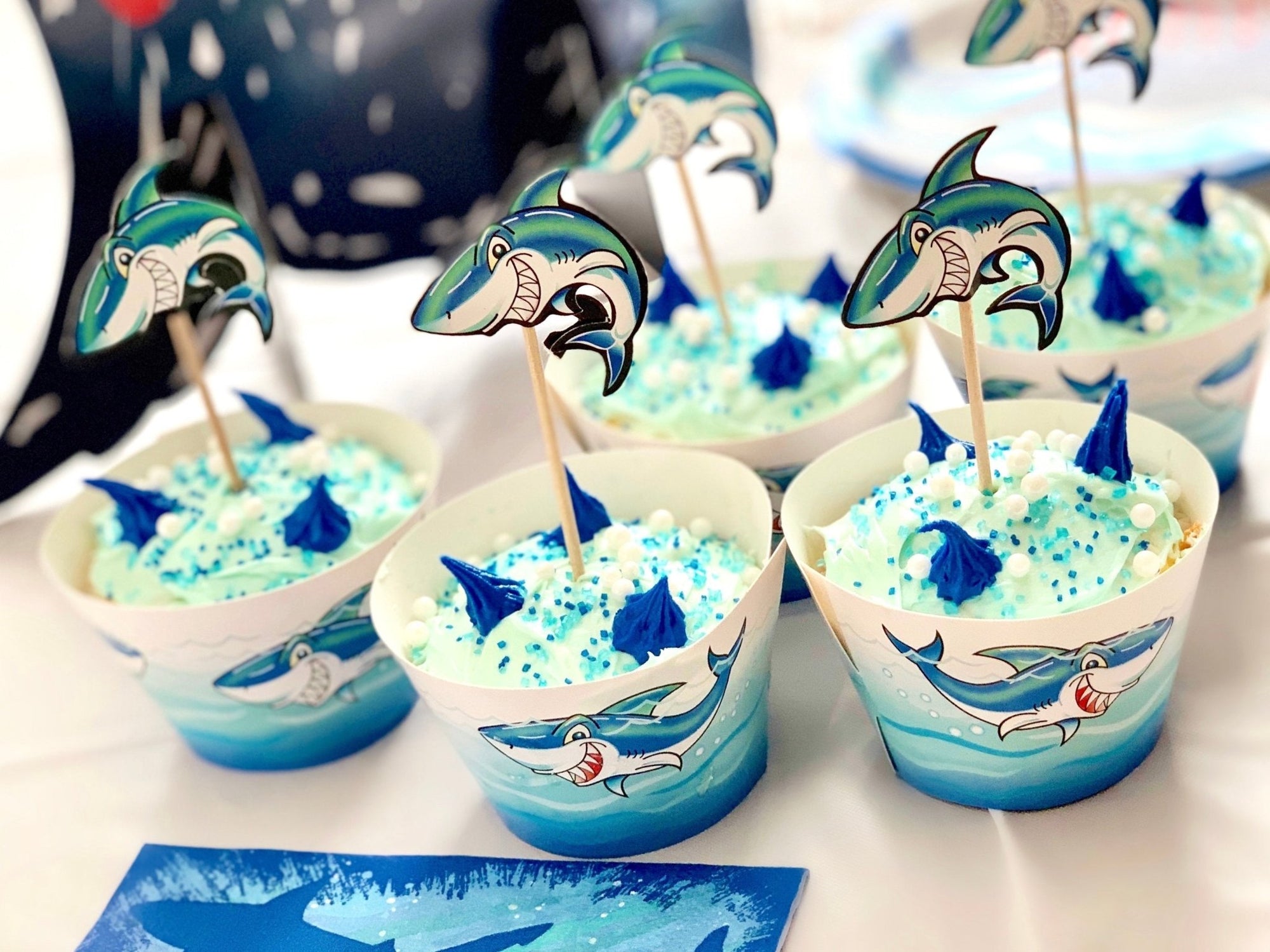 50 Shark Cupcake Picks with Wrappers - Stesha Party