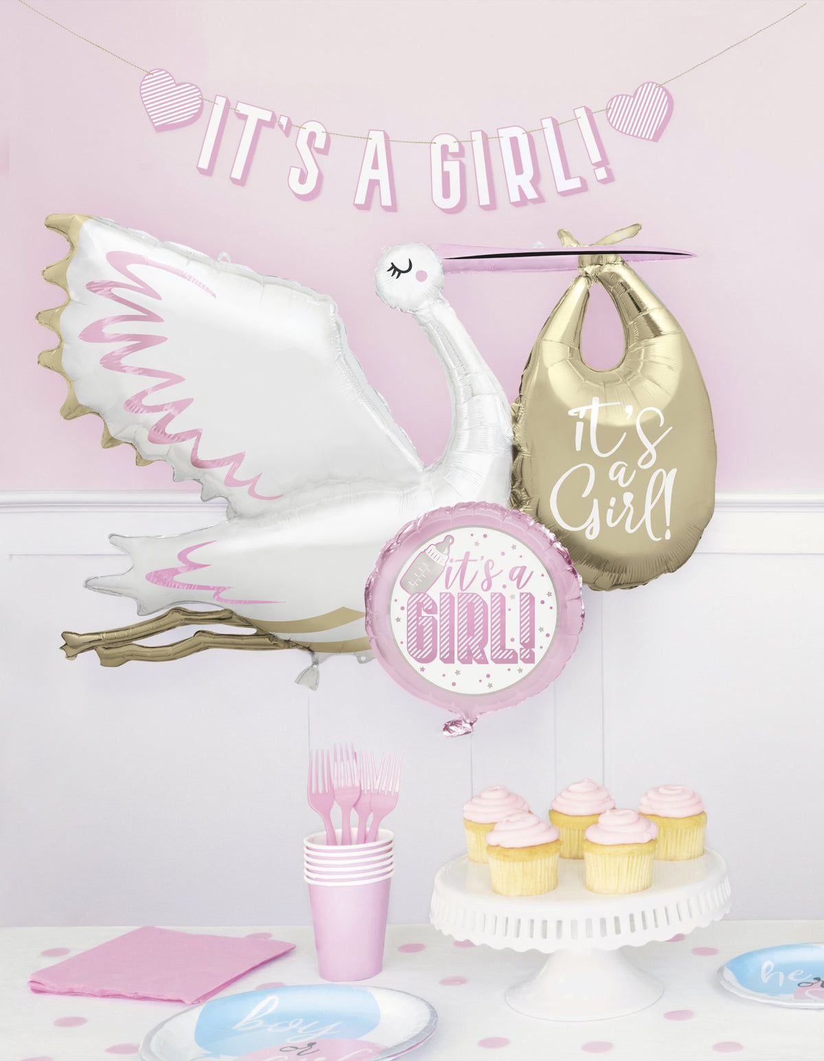 62" Pink & Gold Stork "It's A Girl!" Balloon - Stesha Party