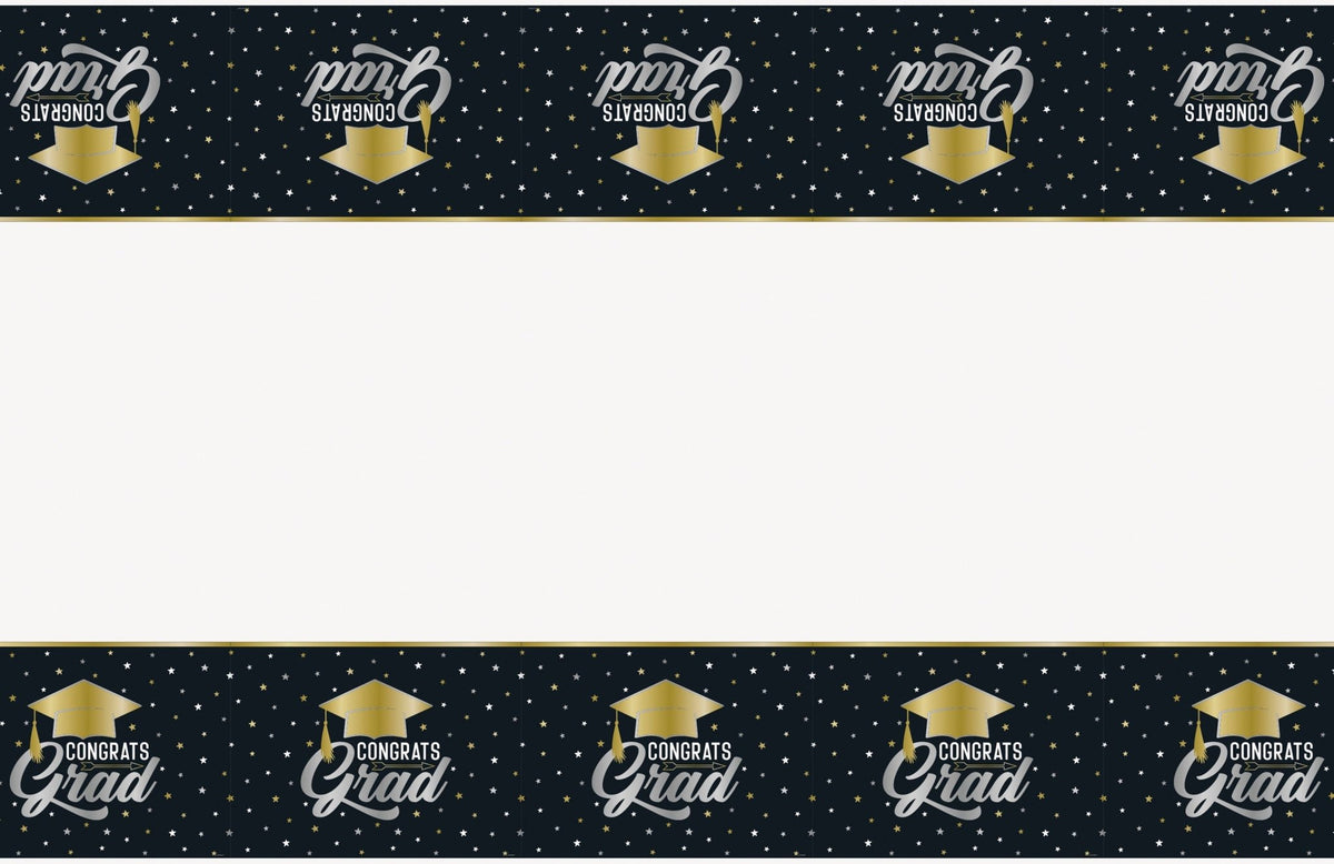 Black & Gold Congrats Grad Tablecloth - Stesha Party