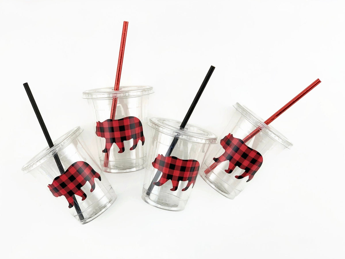 Buffalo Plaid Bear Clear Plastic Cups with Lids & Straws - Stesha Party
