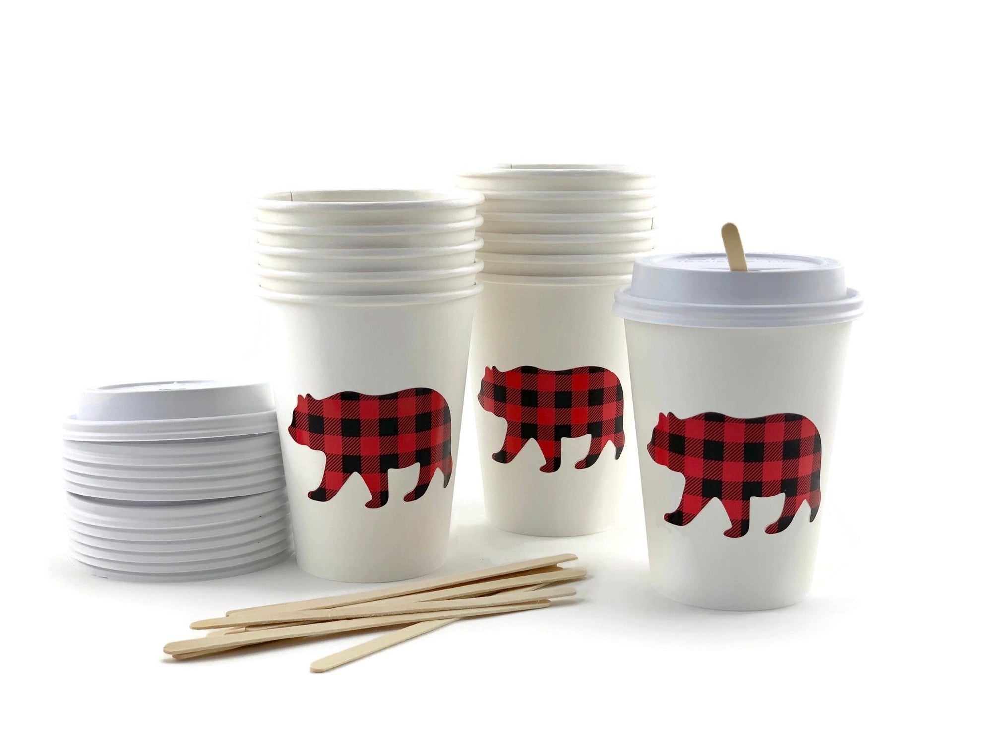 Buffalo Plaid Bear Paper Coffee Cups - Stesha Party