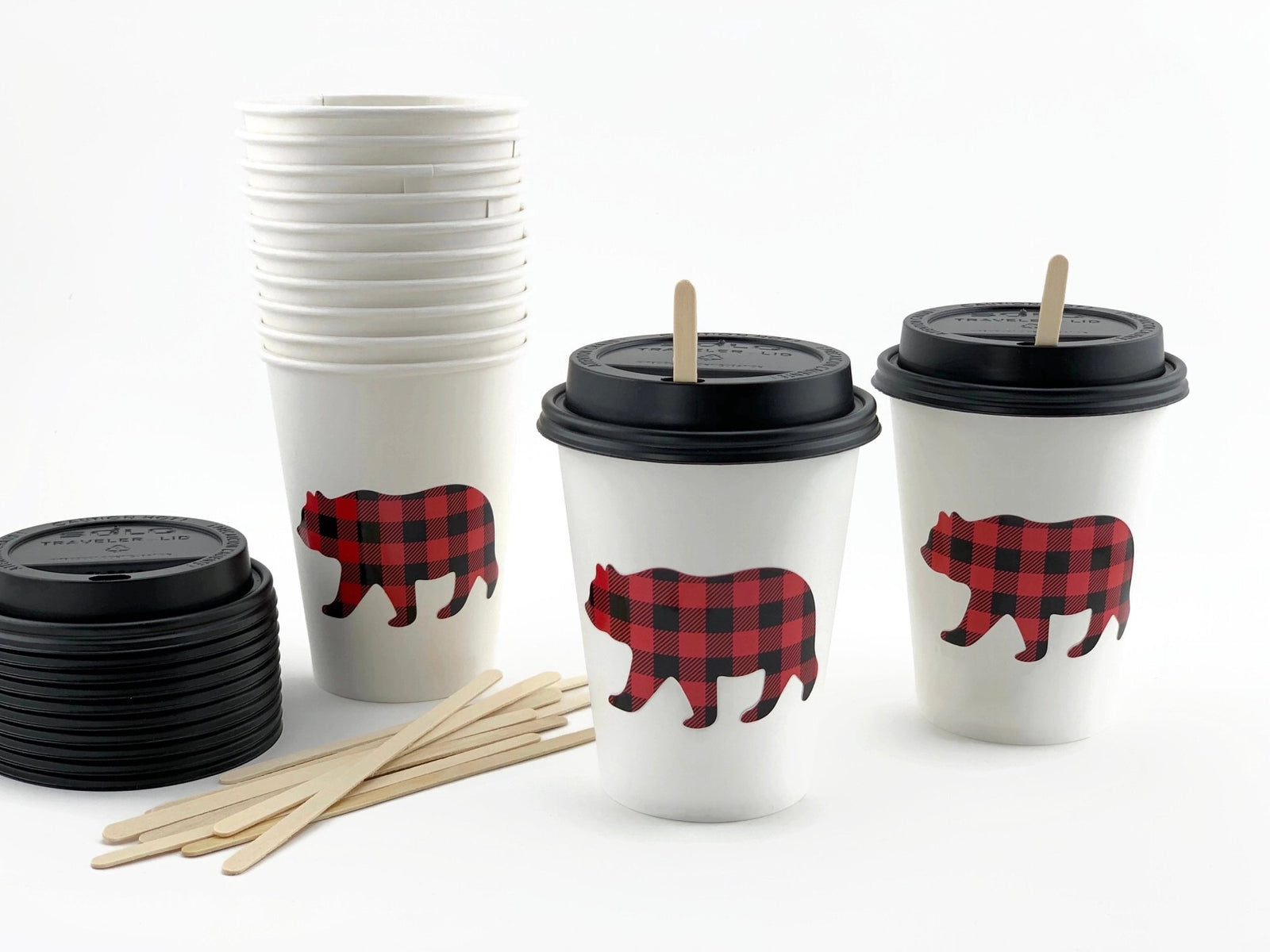 Buffalo Plaid Bear Paper Cups with Lids - Stesha Party