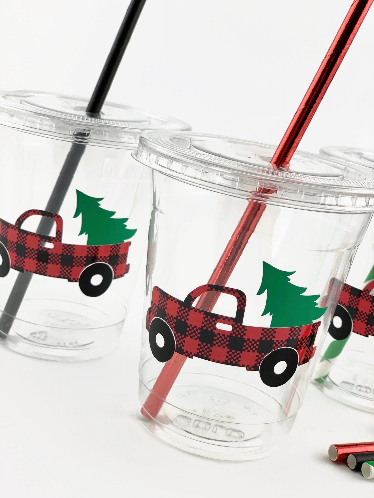 Buffalo Plaid Christmas Truck Clear Party Cups - Stesha Party