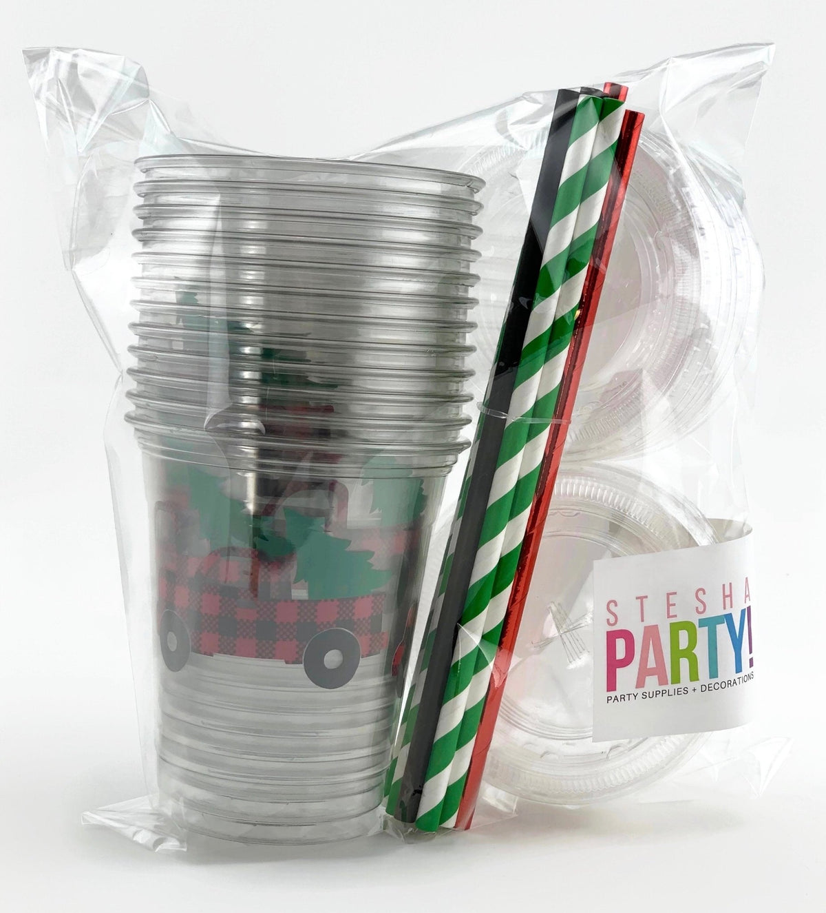 Buffalo Plaid Christmas Truck Clear Party Cups - Stesha Party