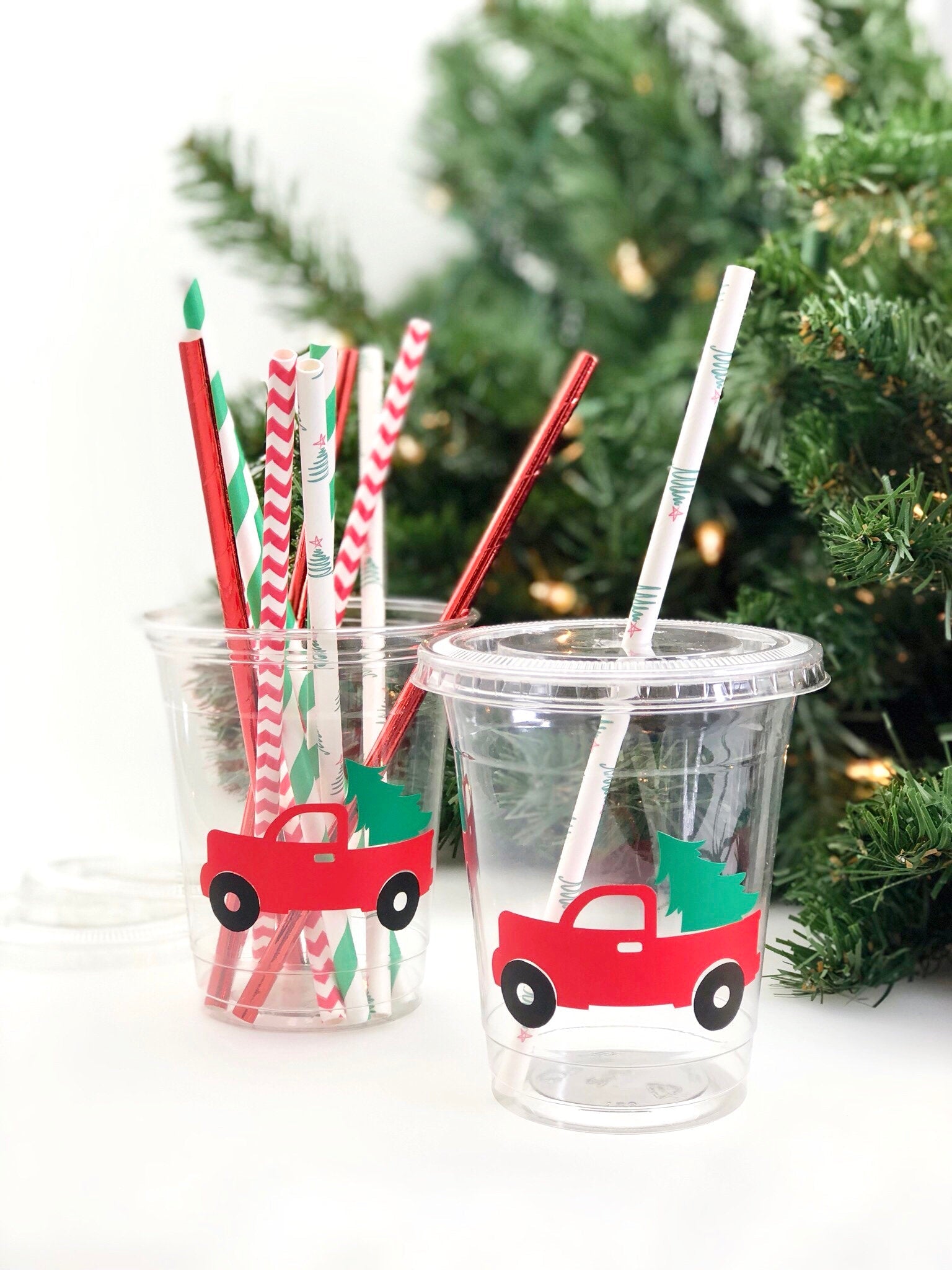 Christmas Red Truck Tree Plastic Cups - Stesha Party - christmas, cup,  vintage red truck