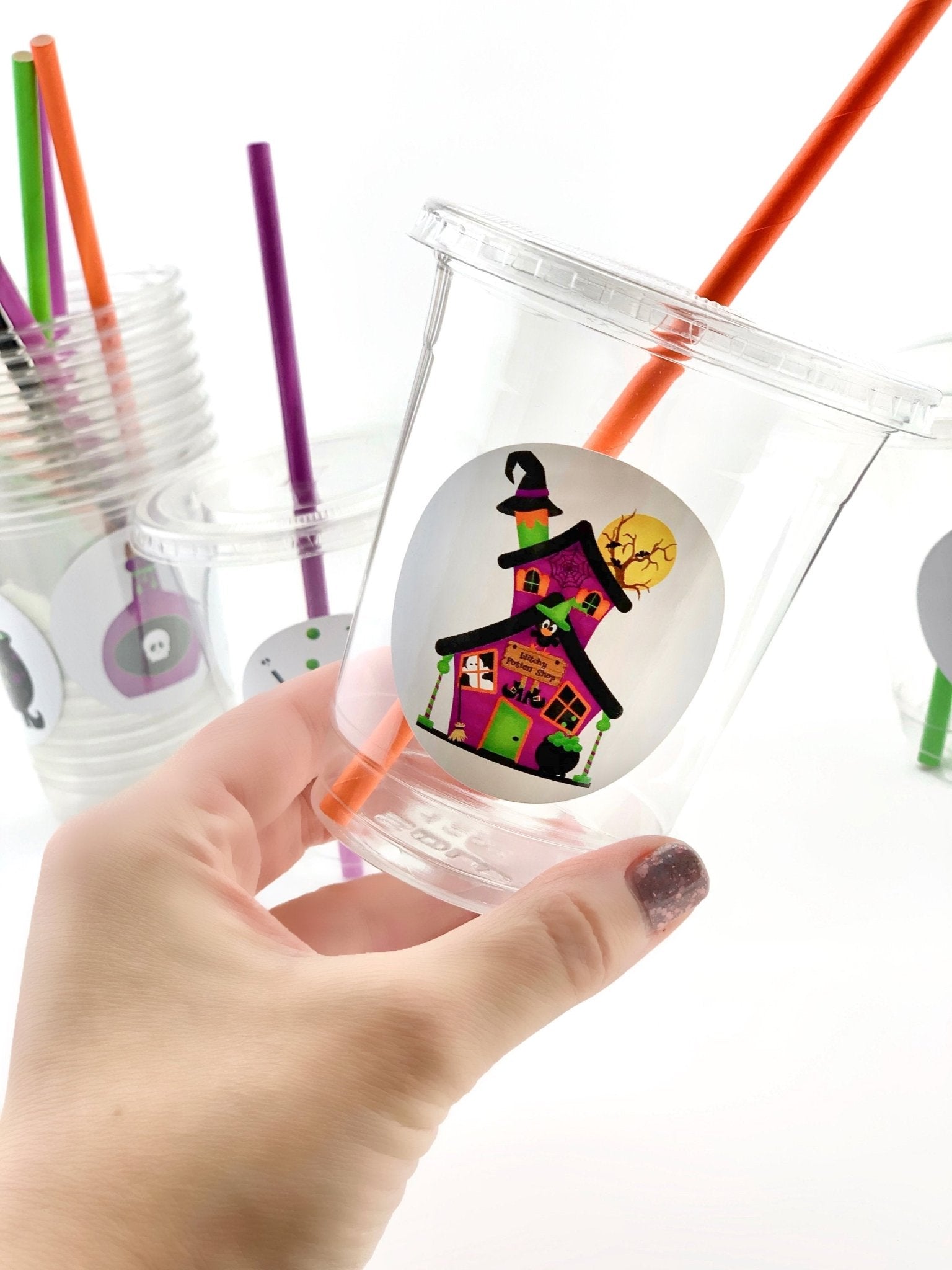 Halloween Party Cups With Colorful Straws - Stesha Party