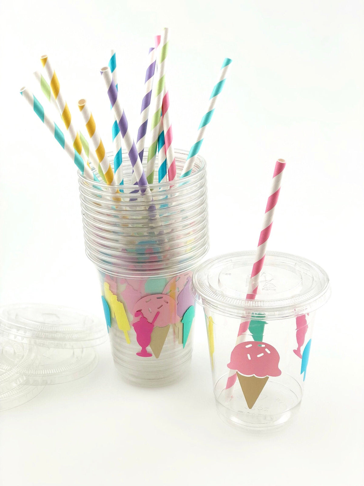 Ice Cream Party Clear Cups With Lids Set - Stesha Party