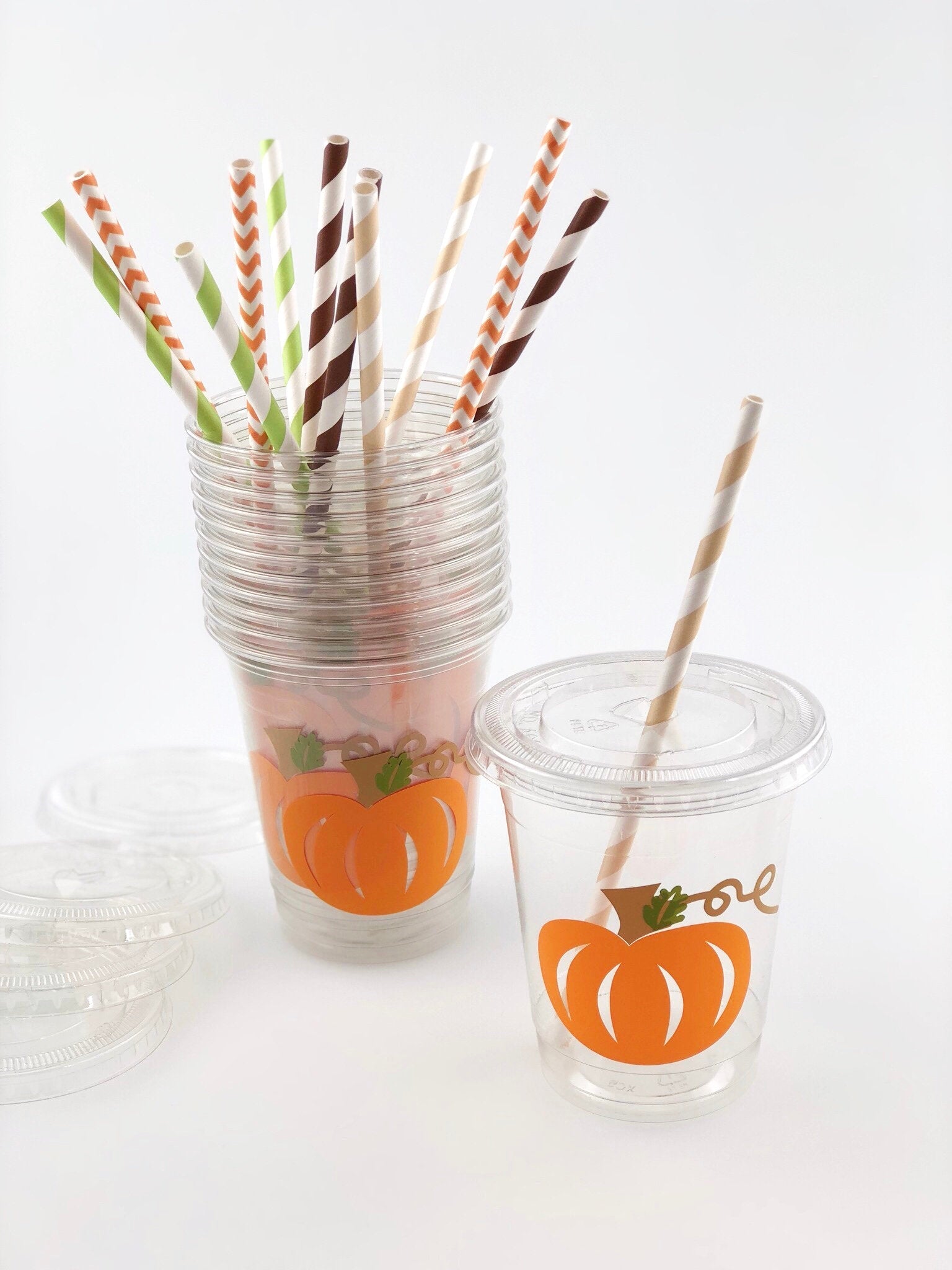 Lidded Clear Orange Pumpkin Cup Set - Stesha Party