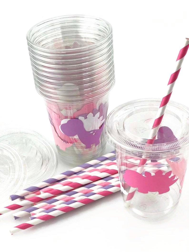Lidded Clear Pink Dinosaur Party Cup Set - Stesha Party