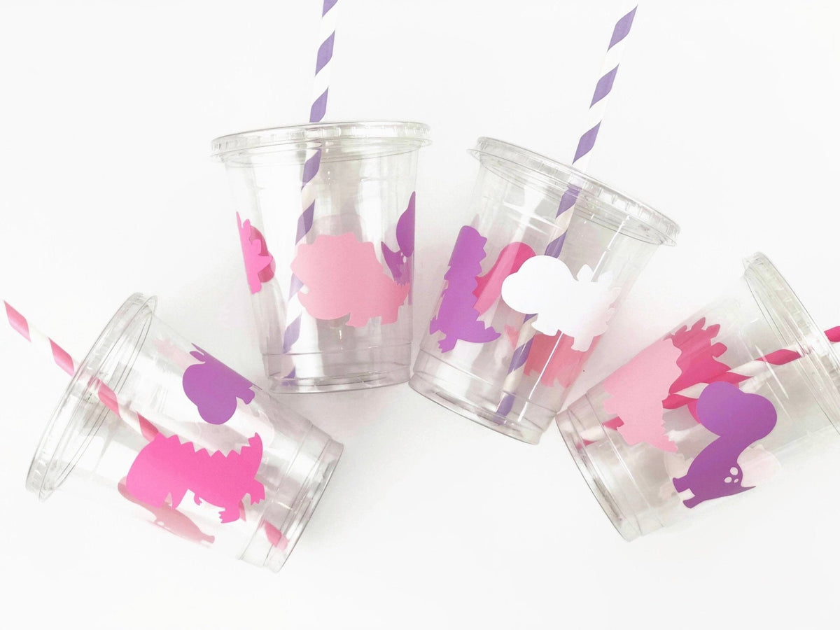 Lidded Clear Pink Dinosaur Party Cup Set - Stesha Party