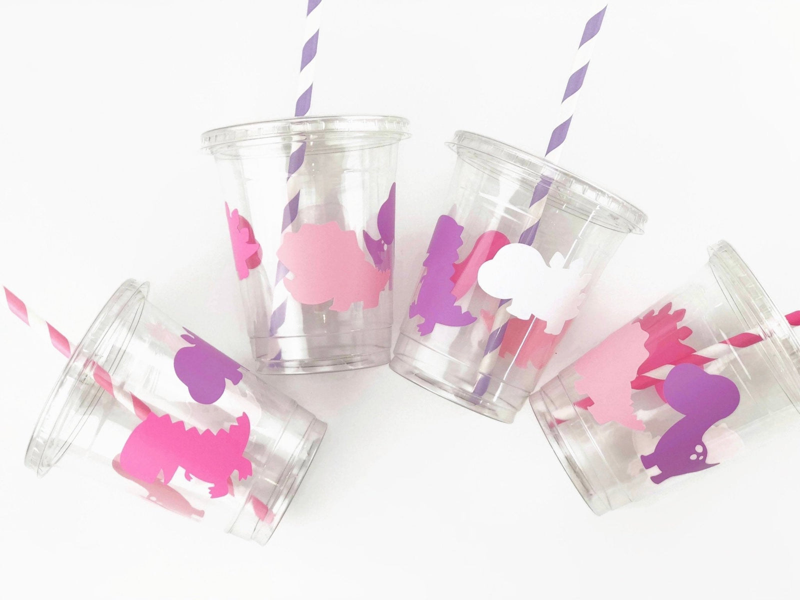 Lidded Clear Pink Dinosaur Party Cup Set - Stesha Party