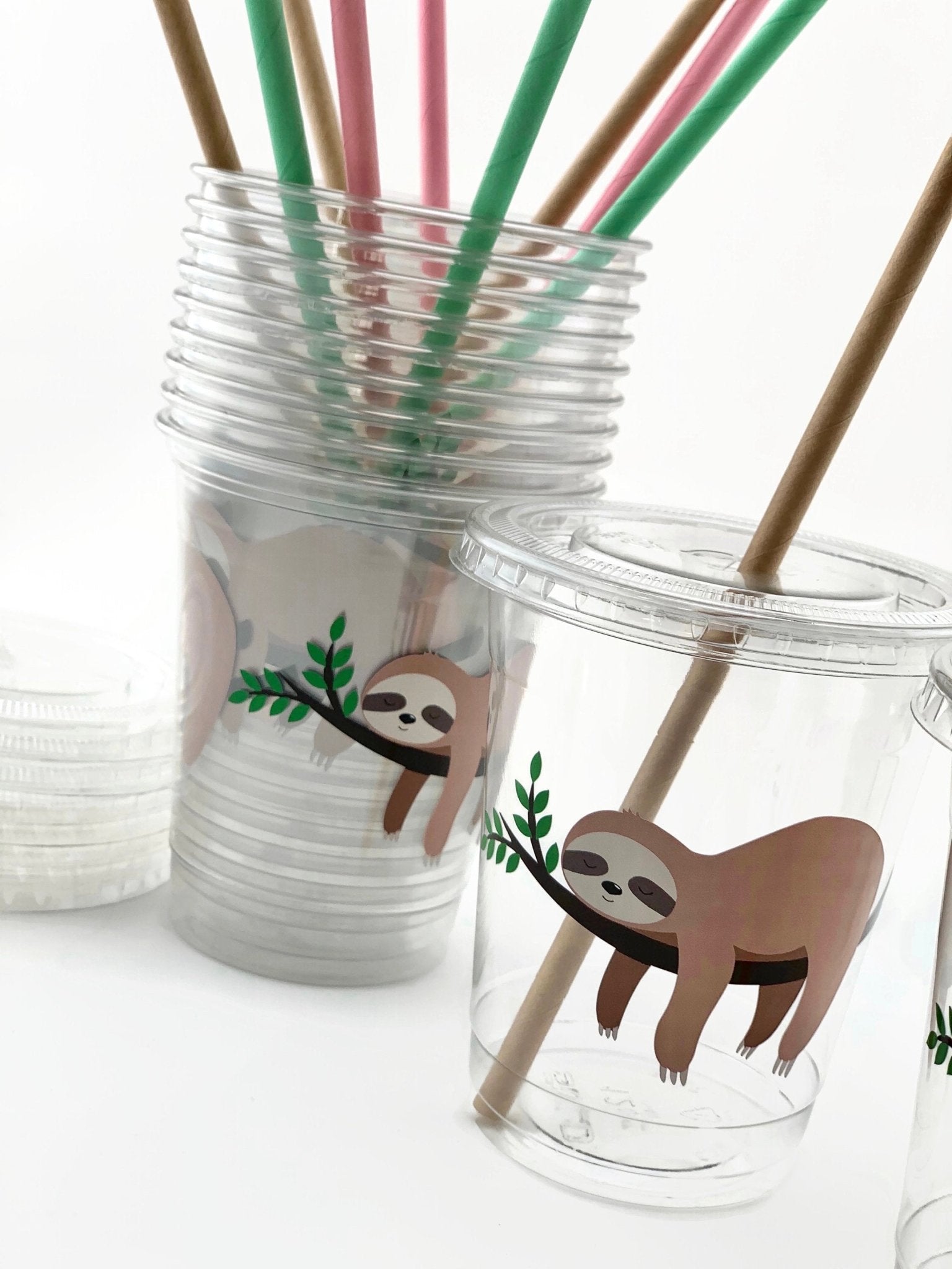 Lidded Clear Pink Sloth Party Cup Set - Stesha Party