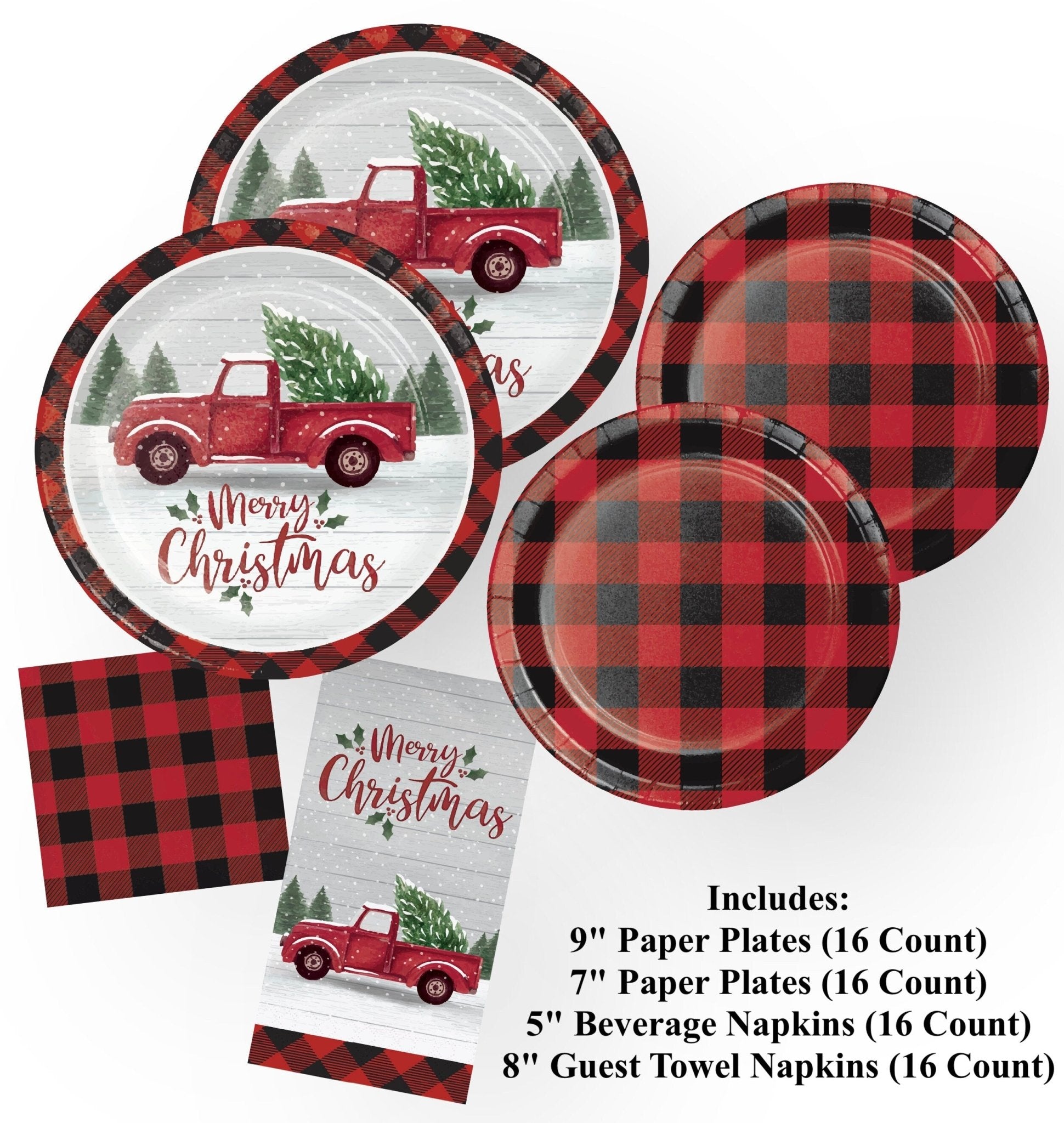 Red Truck Buffalo Plaid Christmas Plates & Napkins - Stesha Party