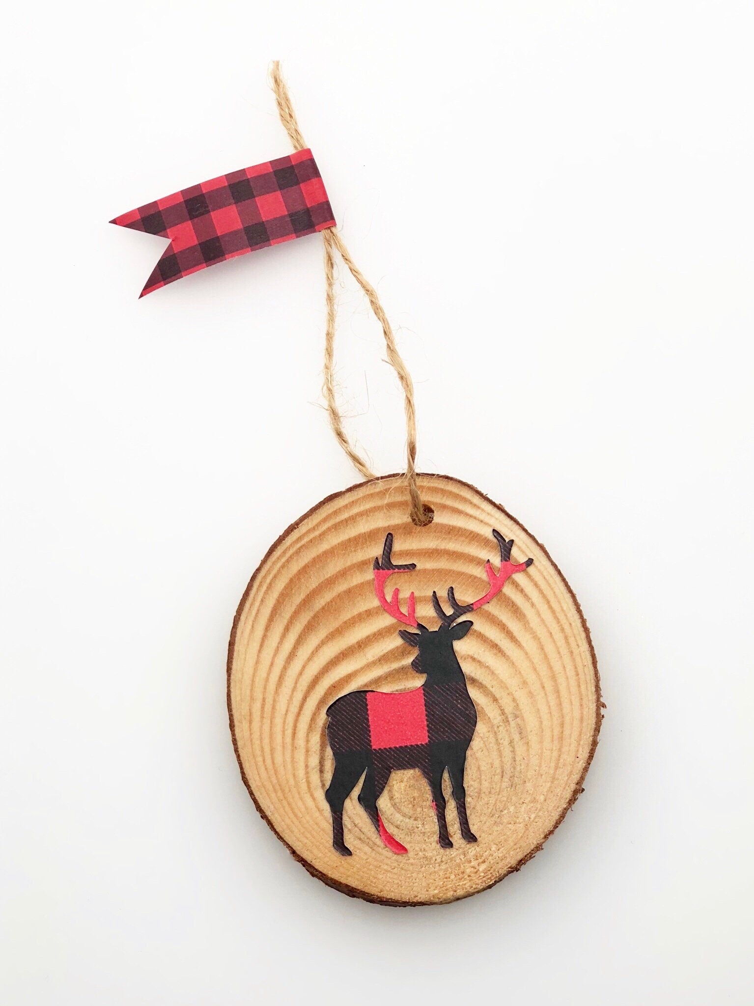 Wood Slice Buffalo Plaid Deer Ornament - Stesha Party